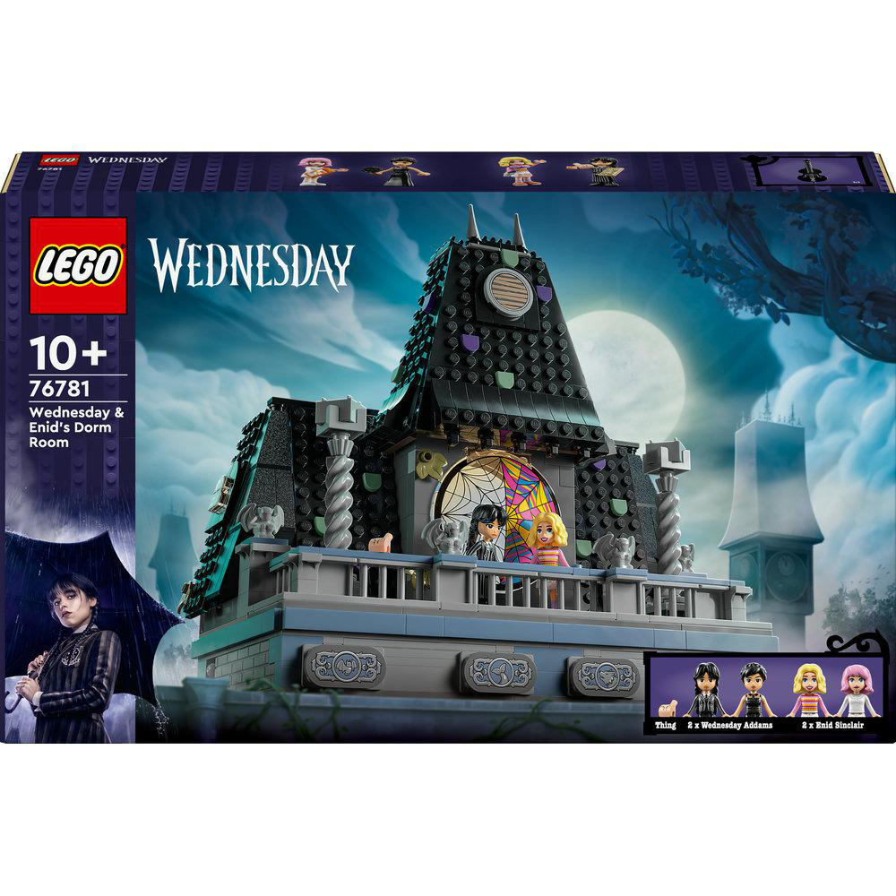 Eine Lego Wednesday Box. Sie zeigt ein Modell eines Hauses und Figuren. Der Hintergrund ist eine Nachtszene.