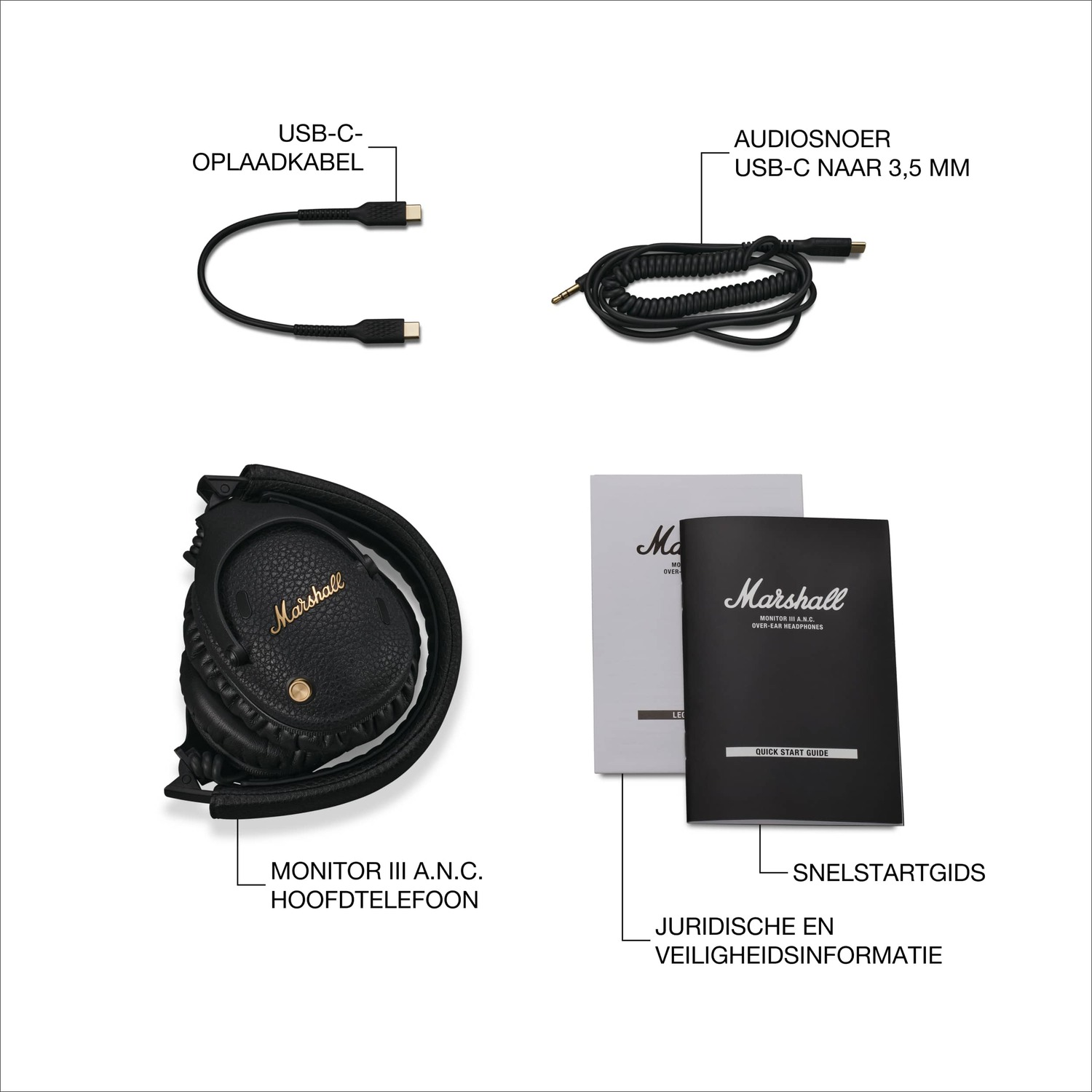 Verschillende technische accessoires, waaronder een USB-kabel, audiokabel, koptelefoon en handleidingen.