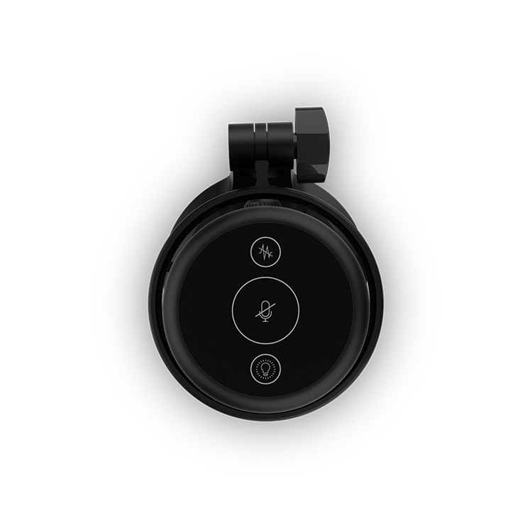 Un dispositivo negro con tres botones y un icono de micrófono. El fondo es negro.