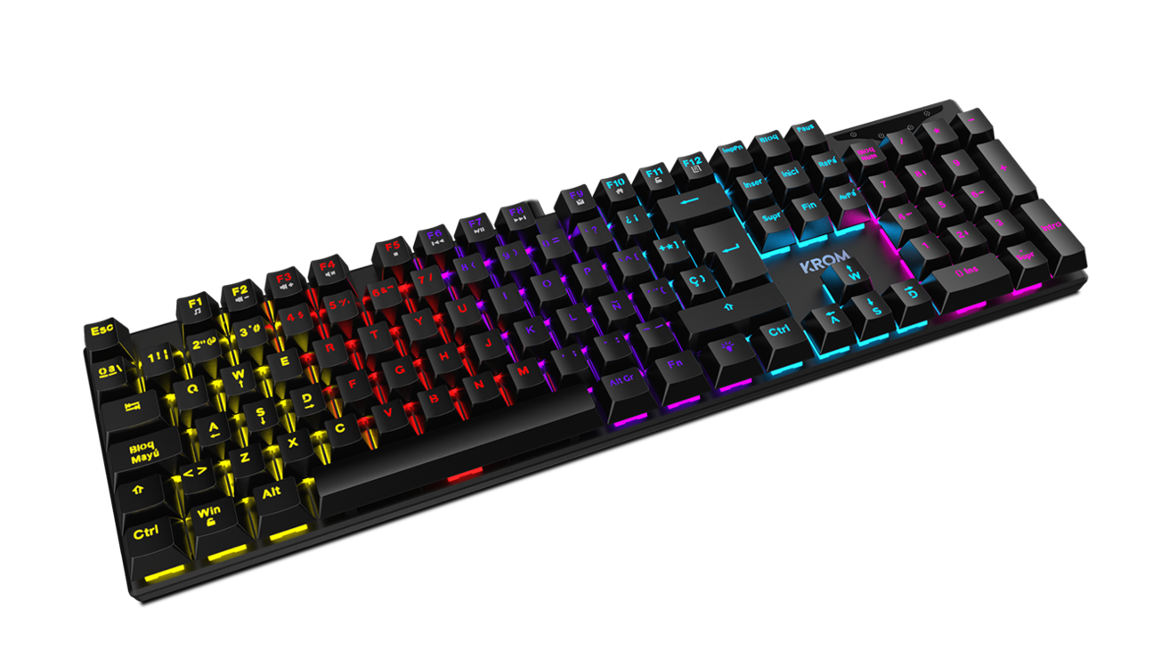 Un teclado negro con teclas coloridas. El teclado está sobre una superficie negra.