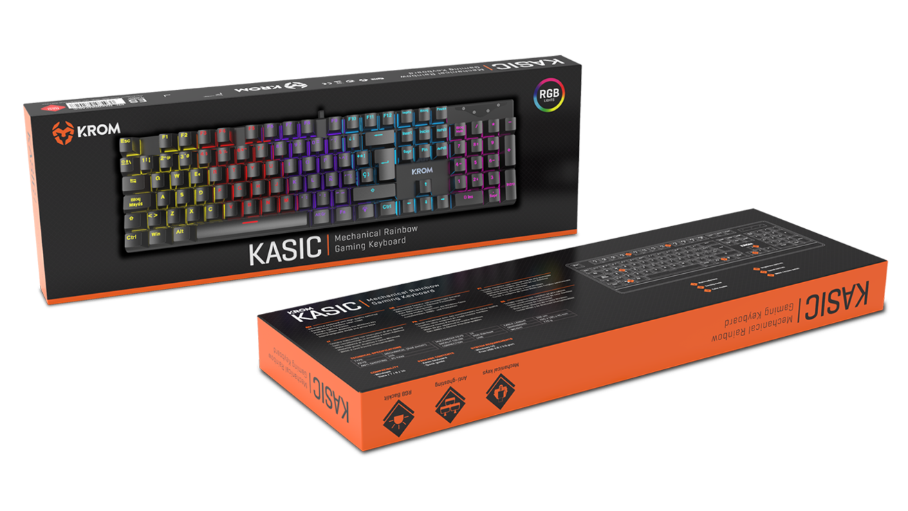 Dos cajas de teclado para juegos KASIC. La superior está abierta, mostrando un teclado con teclas de colores arcoíris. La caja inferior está cerrada.
