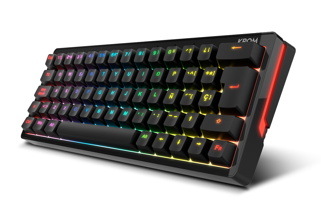 Teclado negro con teclas iluminadas en color. Vista lateral.