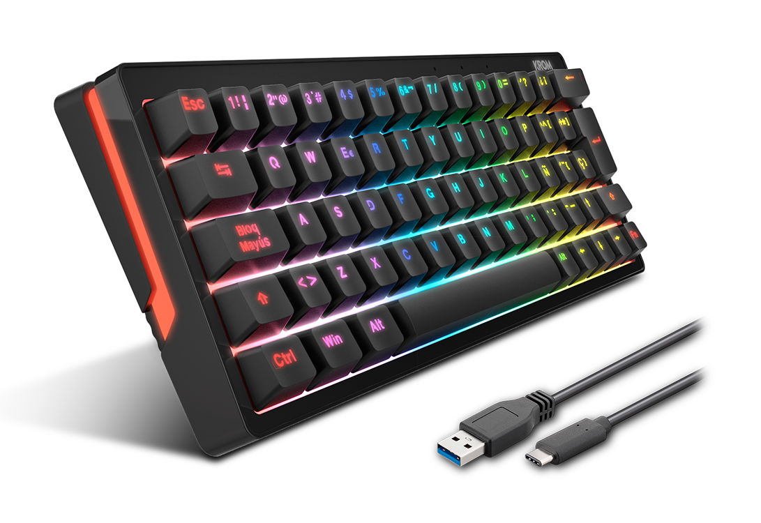 Teclado negro 60% con teclas arcoíris. Cables USB y USB-C visibles. Luces laterales rojas.