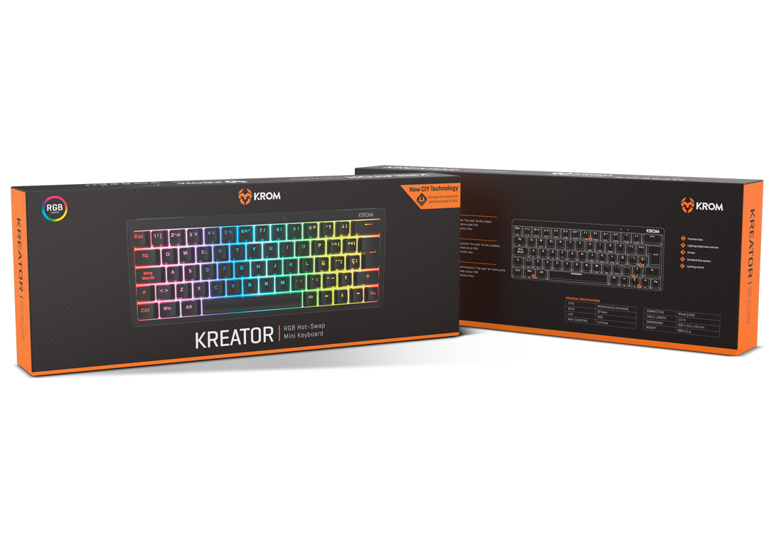 Caja de teclado con teclado, colores negro y naranja.