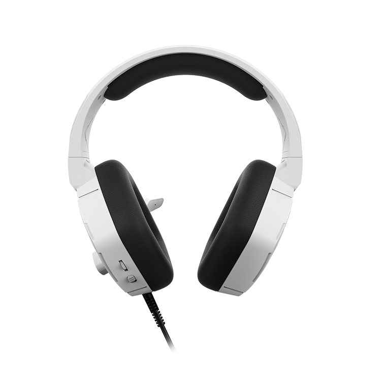 Auriculares blancos. Almohadillas negras. Cable negro. Sobre una superficie gris.