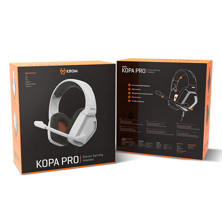 Dos cajas con detalles de auriculares para juegos. La caja izquierda muestra los auriculares y la derecha tiene funciones.