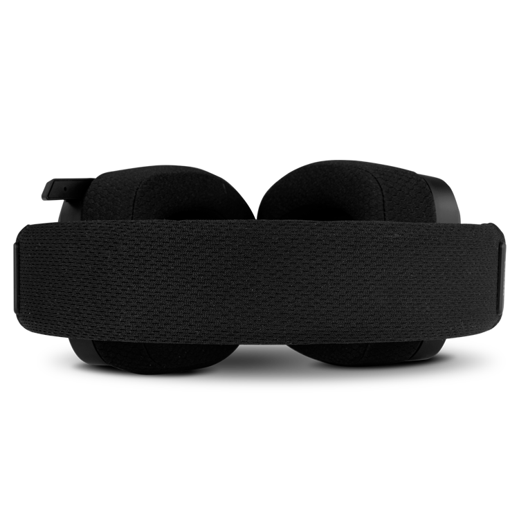 Auriculares negros con diadema ancha vistos desde atrás.