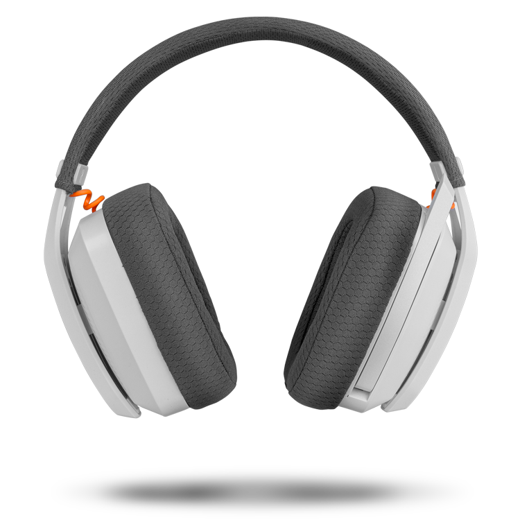 Auriculares blancos y grises con detalles en naranja. Los auriculares están sobre fondo negro.