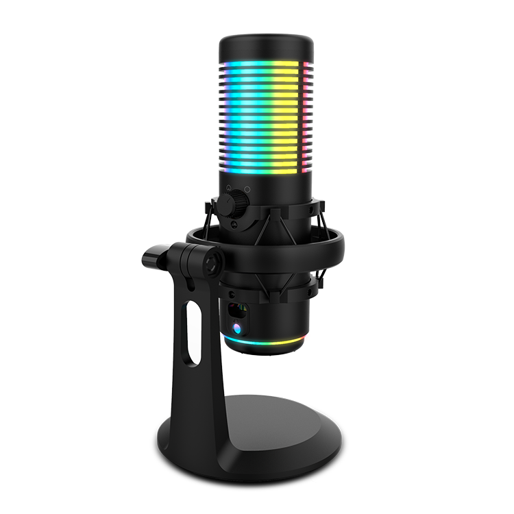 Micrófono negro en un soporte con luces de color.
