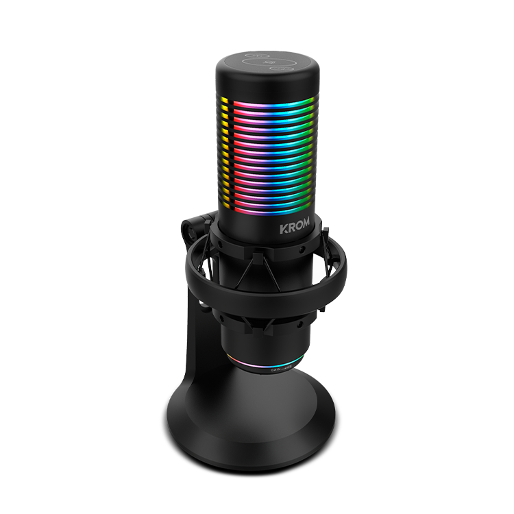 Un micrófono negro con un anillo de luz de colores en la parte superior.