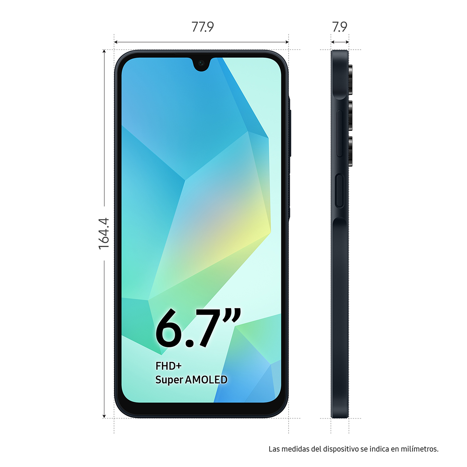 Un smartphone azul oscuro con dimensiones y detalles del tamaño de la pantalla mostrados.