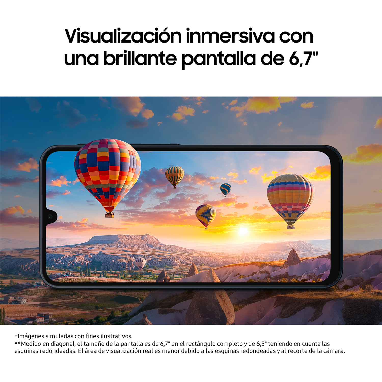 Pantalla de teléfono muestra globos aerostáticos sobre un valle al atardecer. El teléfono es negro.