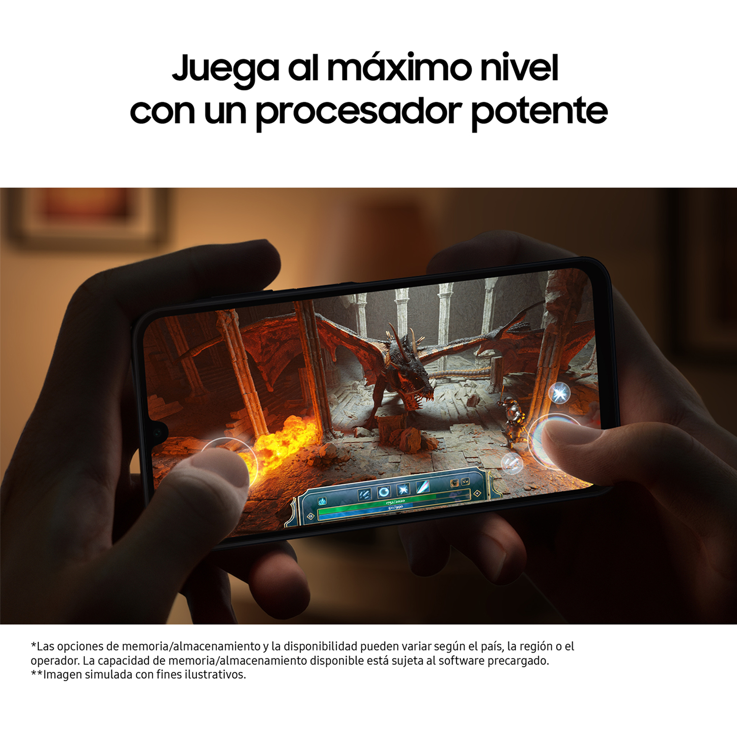 Manos sosteniendo un smartphone que muestra una escena de juego con dragones y fuego.