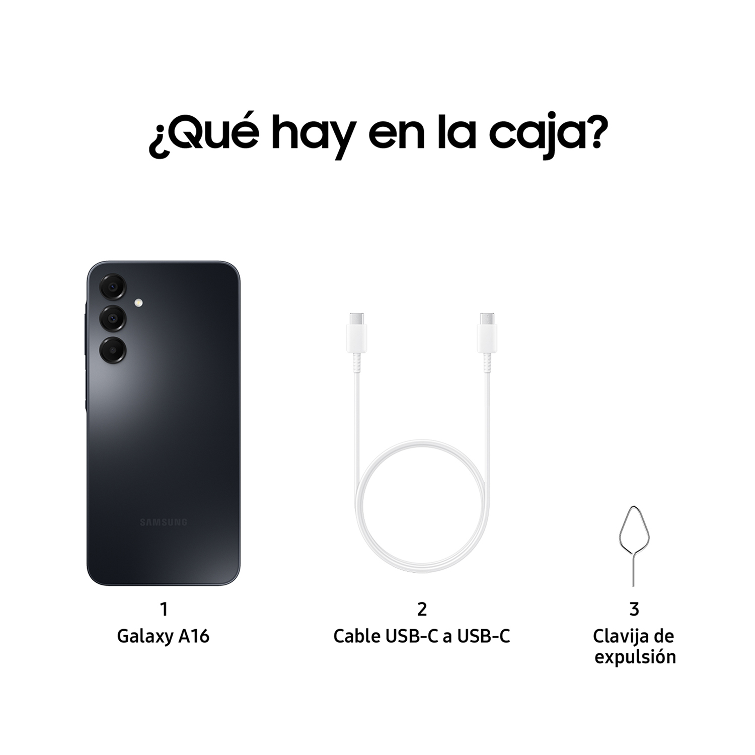 La imagen muestra un teléfono Samsung Galaxy A16, cable USB-C y herramienta de expulsión SIM. Todo sobre fondo blanco.