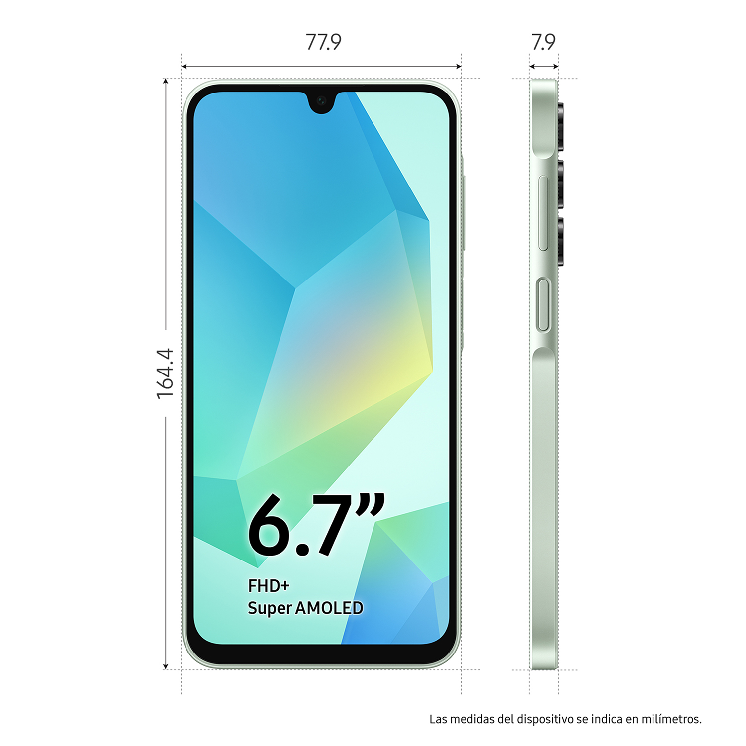 Teléfono inteligente verde con dimensiones y tamaño de pantalla mostrados.