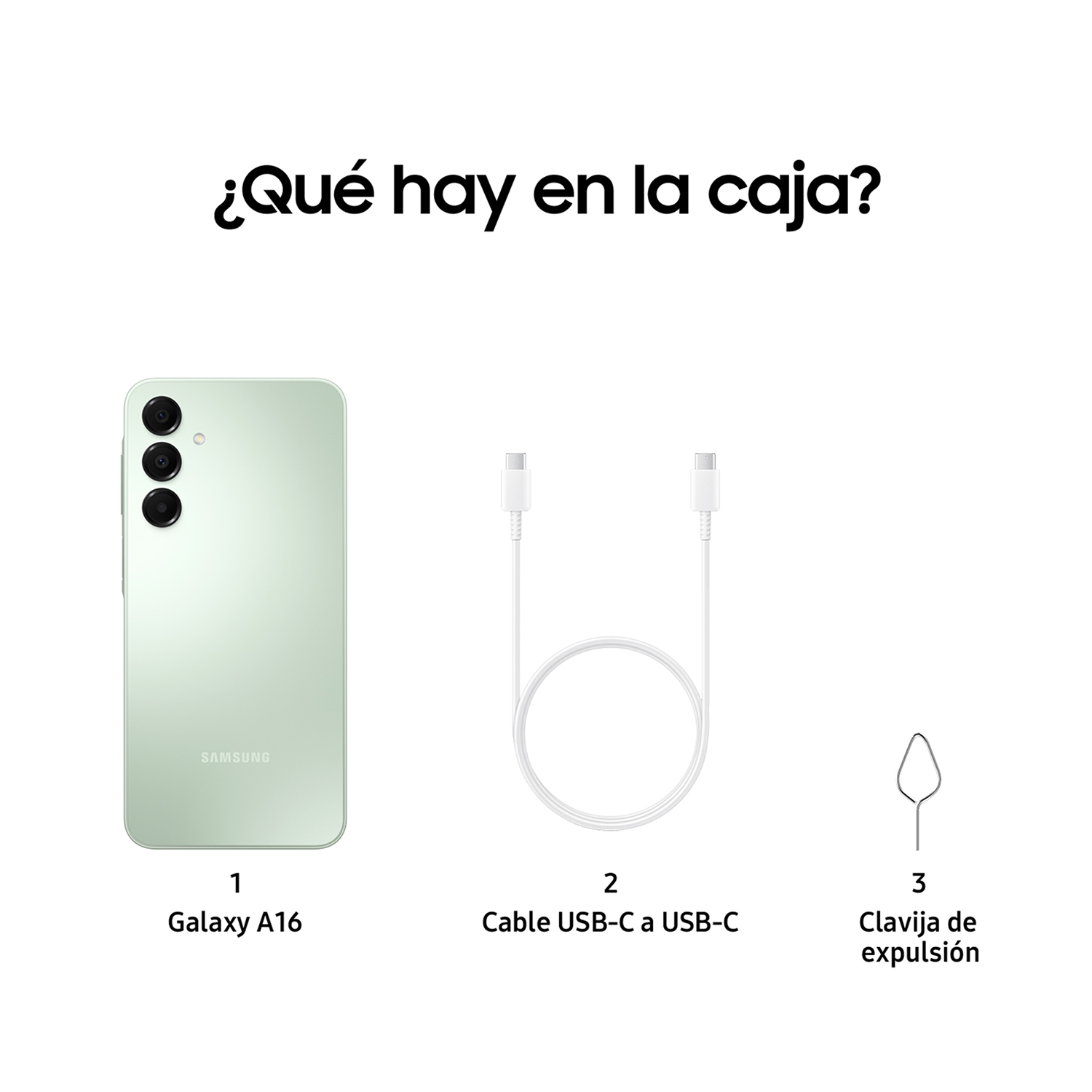 Teléfono verde, cable USB-C blanco y herramienta de expulsión SIM sobre fondo blanco con texto español.