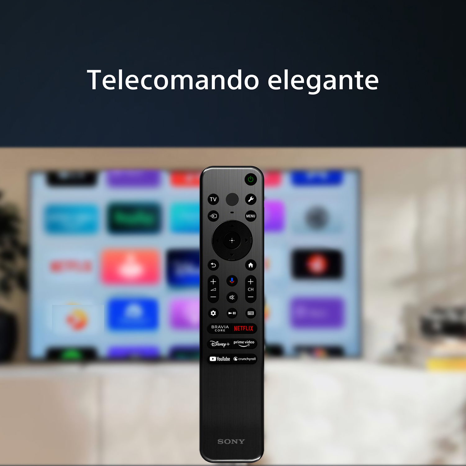 Telecomando Sony nero con TV sullo sfondo. Testo: 'Telecomando elegante'.