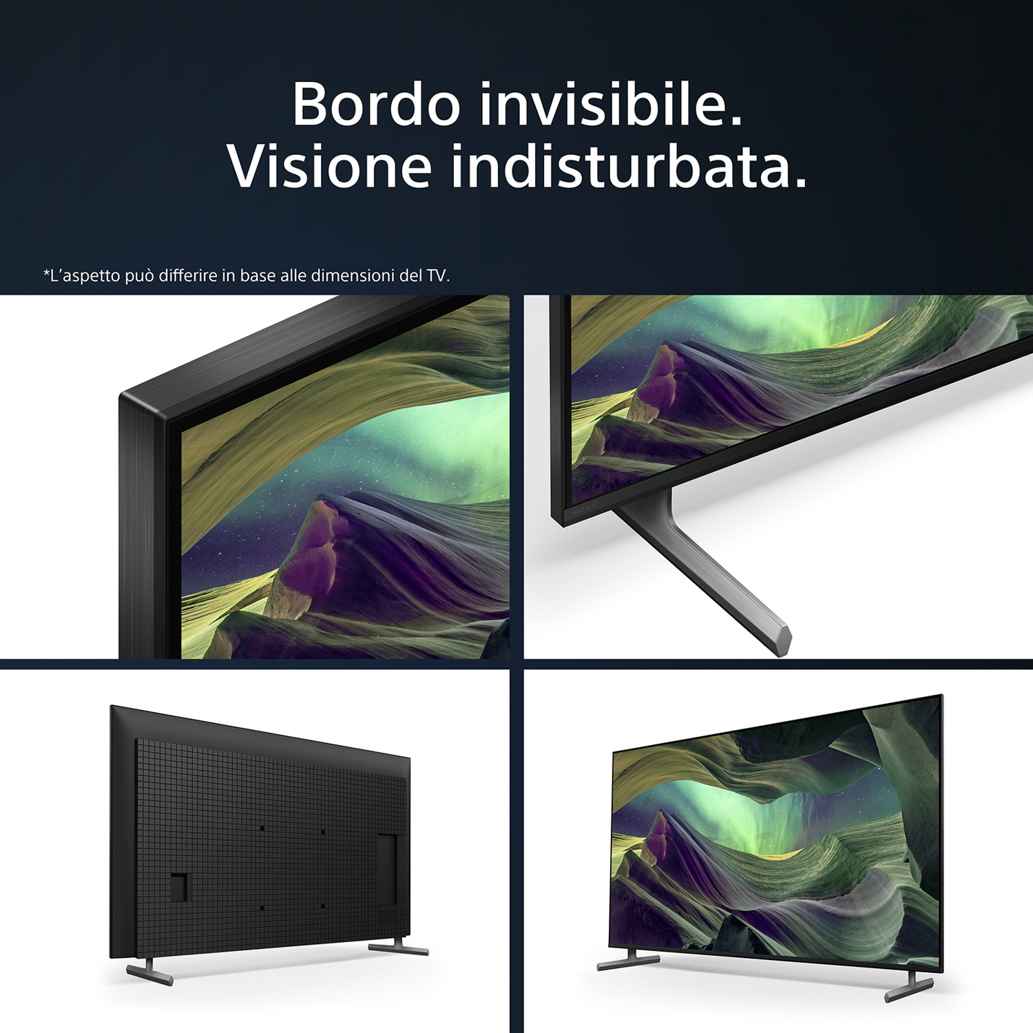 TV con più viste: cornice, supporto, retro con prese d'aria e schermo. Testo: Bordo invisibile.