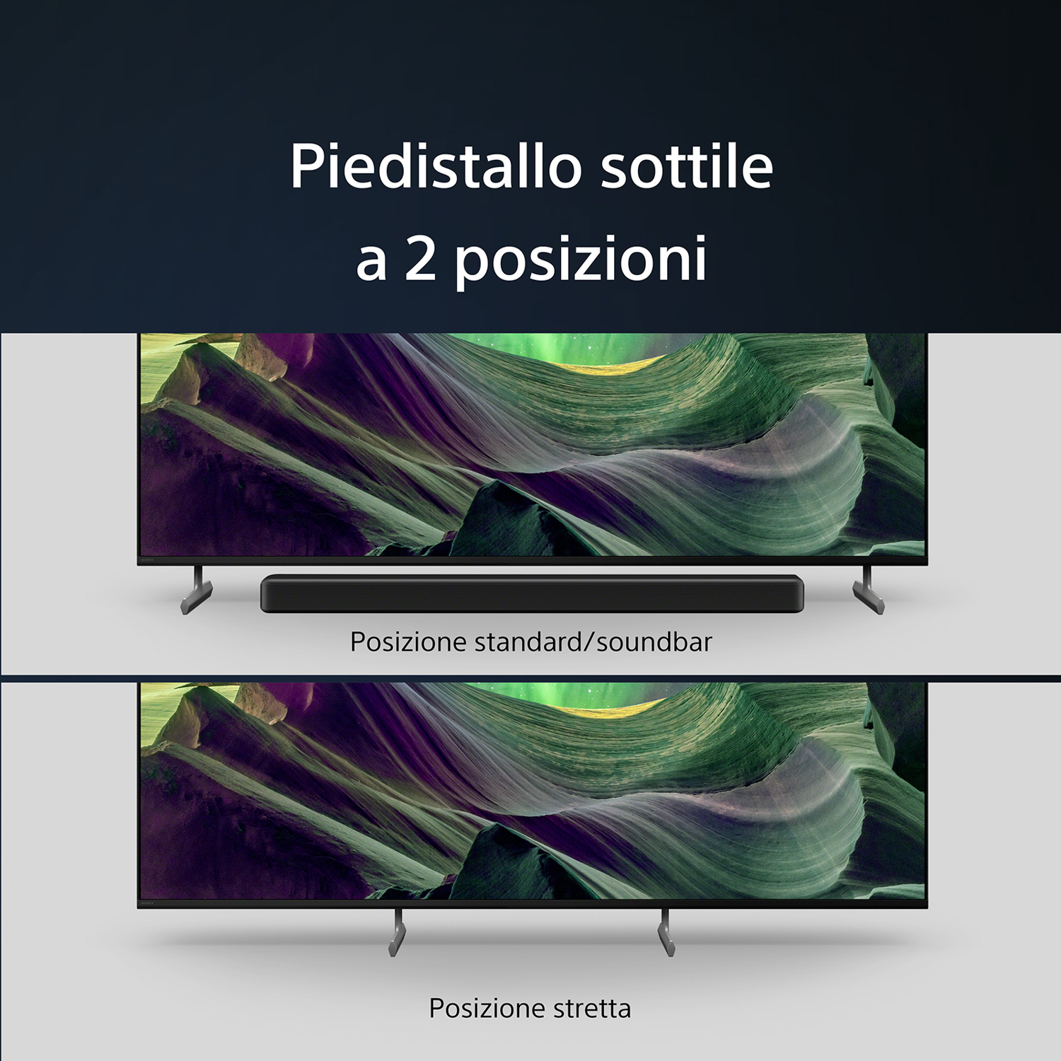 Due TV con soundbar e supporti in diverse posizioni. Lo sfondo è grigio chiaro.