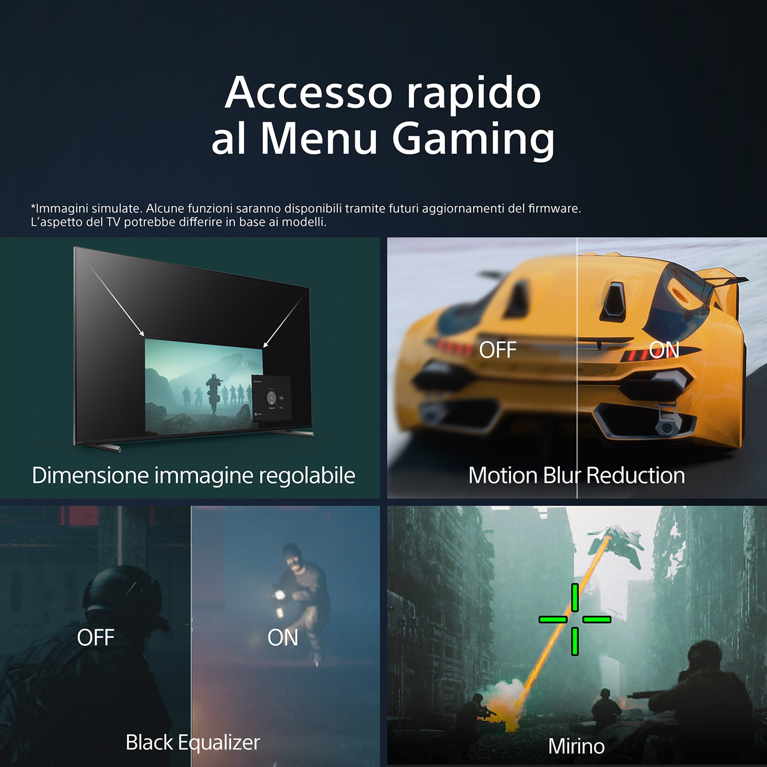 Immagine promozionale di una TV con opzioni di menu di gioco e scene di gioco.
