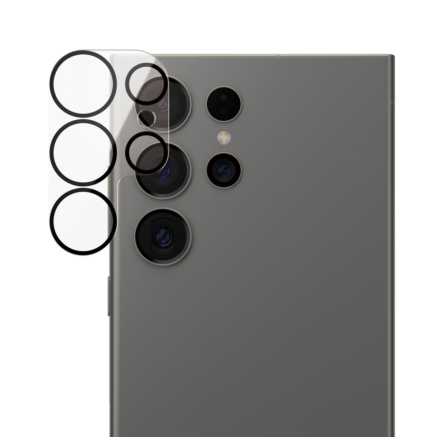 Close-up van de achterkant van een smartphone met cameralenzen. De cameralenzen zijn cirkelvormig en verticaal gerangschikt.