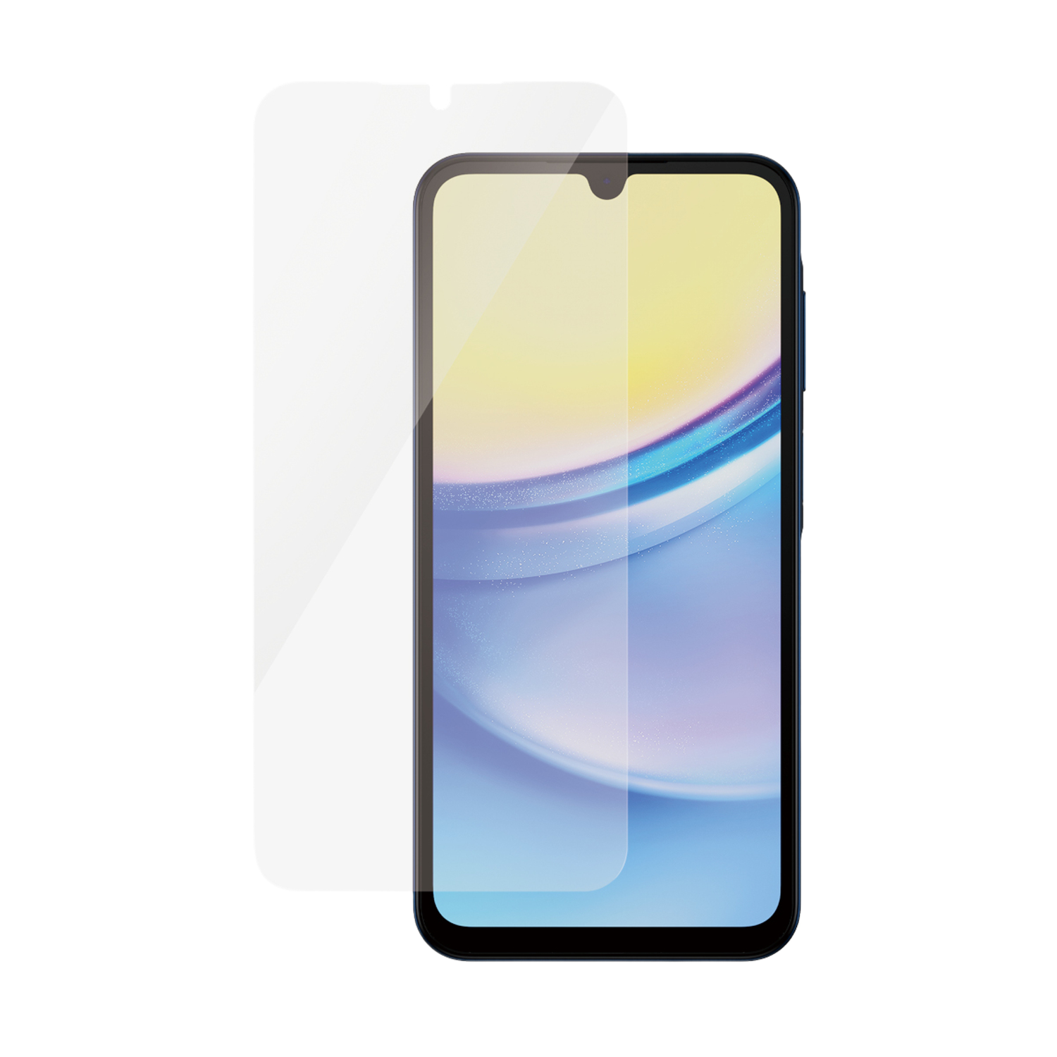 Un smartphone avec protecteur d'écran, montrant un fond coloré.