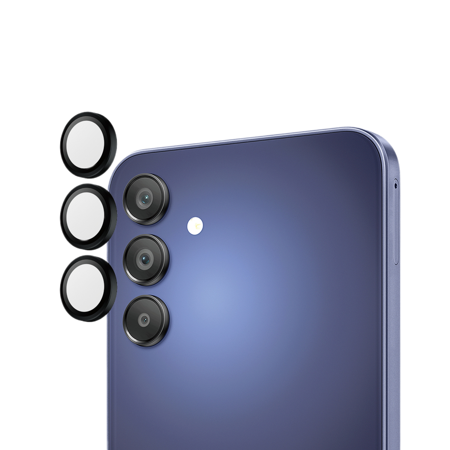 Blauwe telefoonachterkant met 3 cameralenzen en drie witte lensdoppen op zwarte achtergrond.