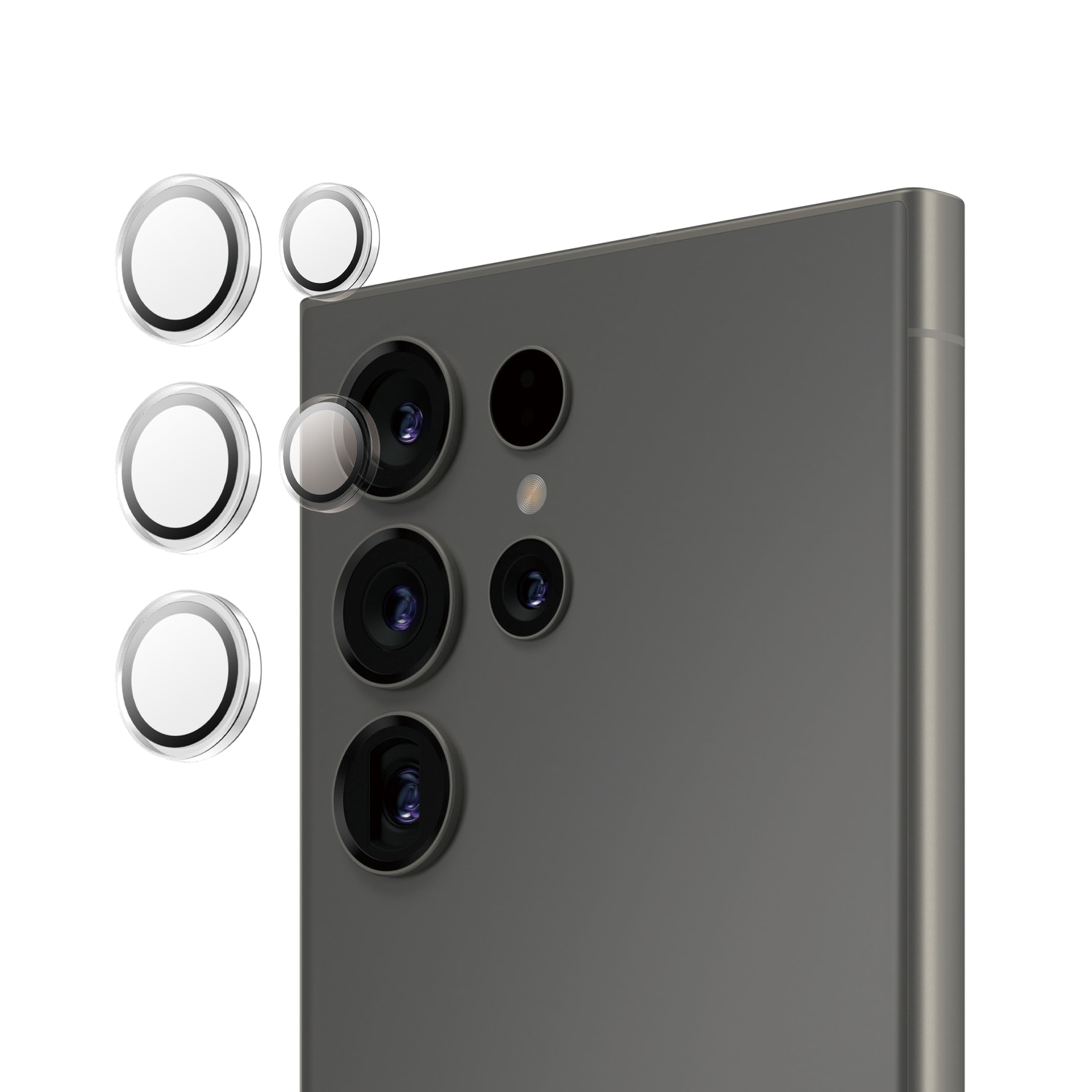 Un smartphone avec des protecteurs d'objectif. Il a un corps gris avec plusieurs objectifs d'appareil photo.