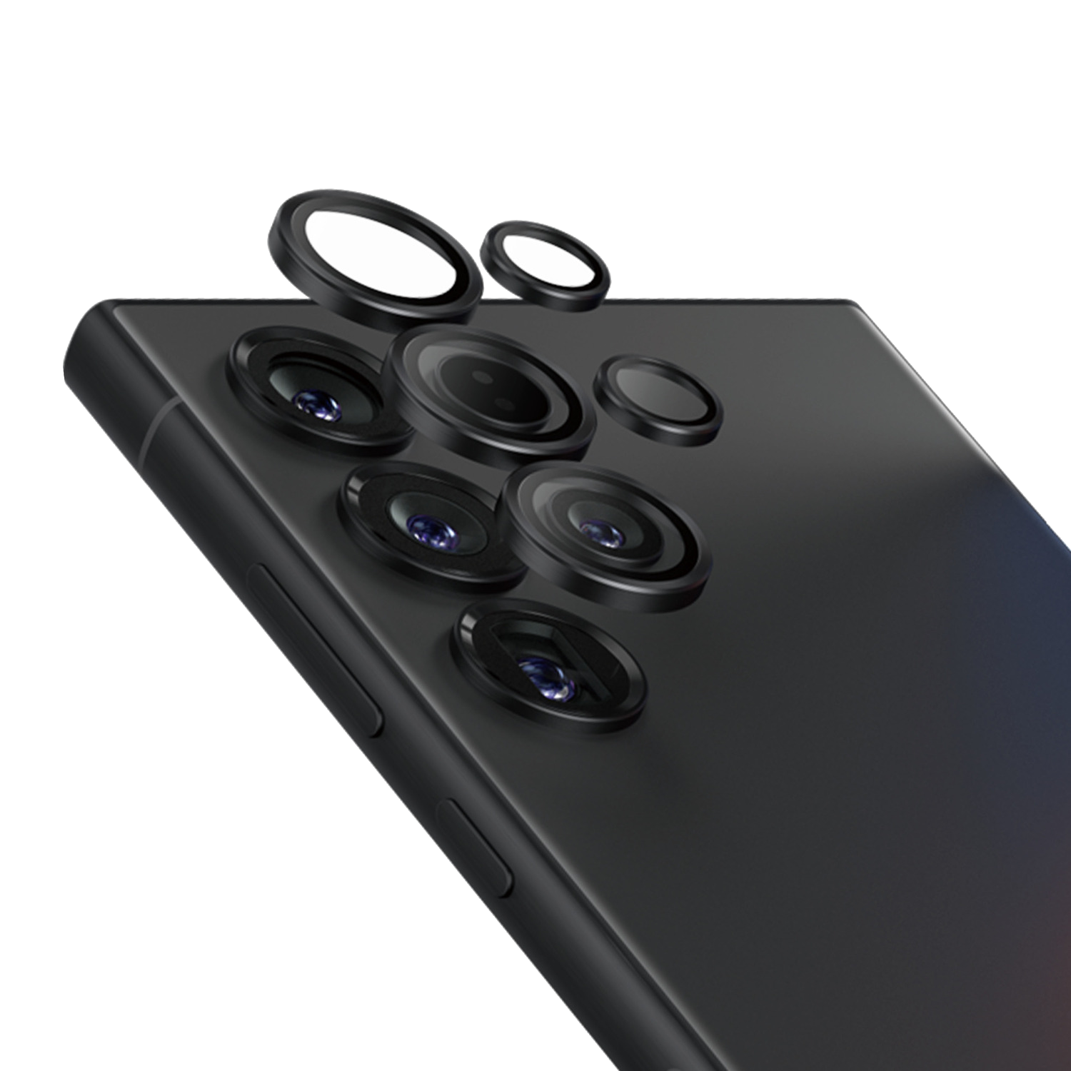 Zwarte telefoon met cameralenzen. Meerdere lenzen zijn zichtbaar. De telefoon is gekanteld.