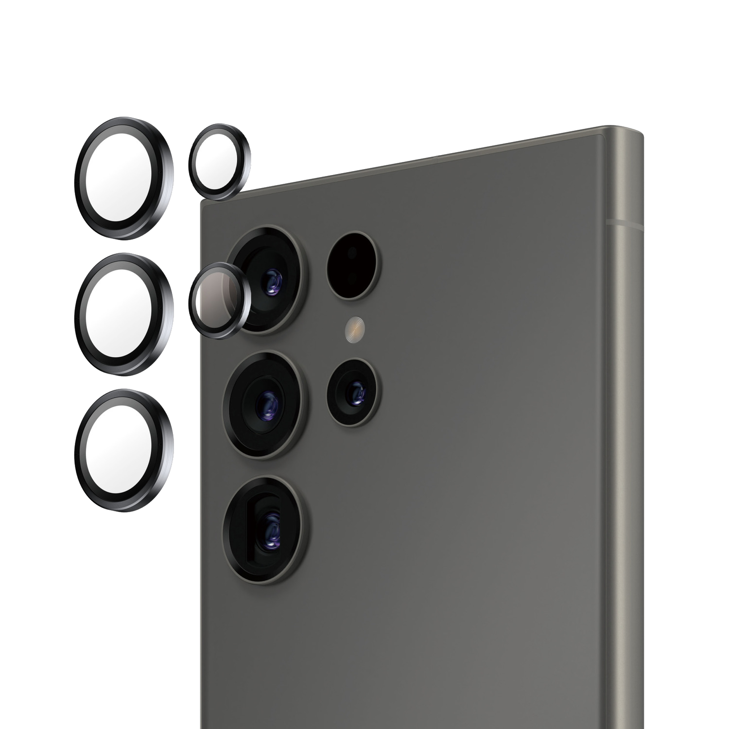 Achterkant van smartphone met camera-opstelling. Ronde lenzen. Drie lenzen verticaal uitgelijnd, twee aparte lenzen.