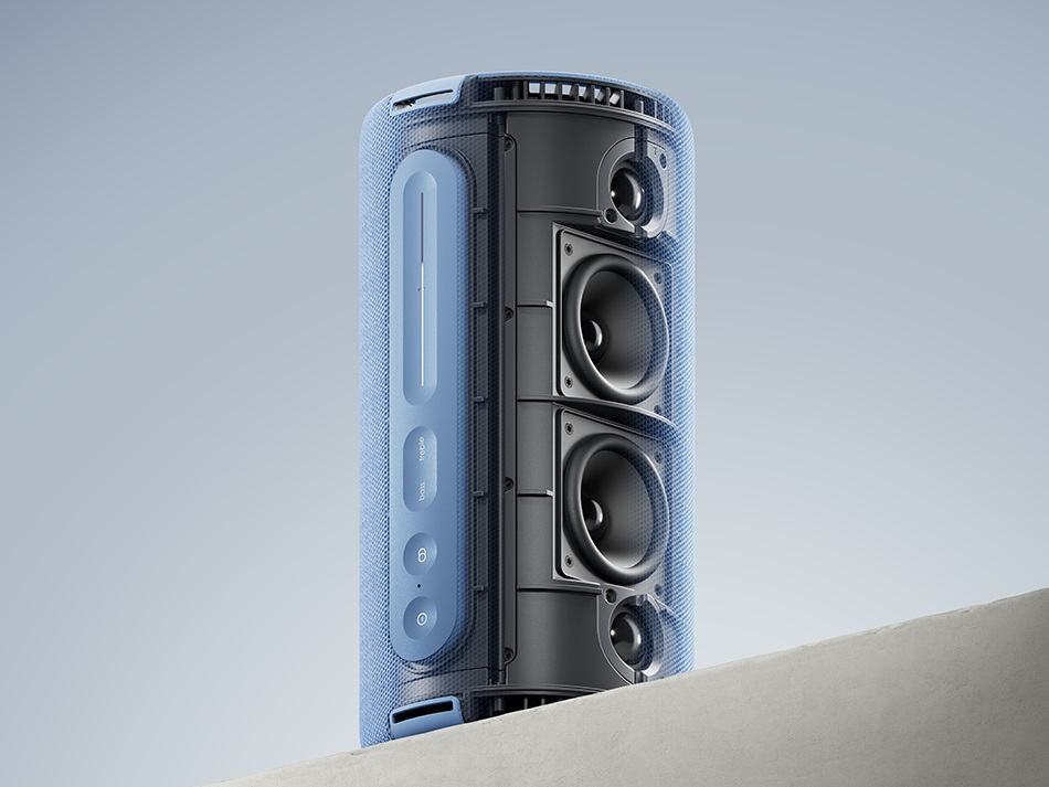 Niebiesko-czarny głośnik, widok przekrojowy pokazujący elementy wewnętrzne. Szare tło.