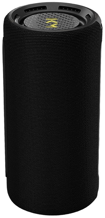 Czarny głośnik cylindryczny z żółtym logo na górze. Głośnik ma fakturę podobną do tkaniny.