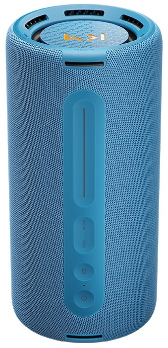 Ein zylindrischer blauer Lautsprecher mit Knöpfen und einem Griff. Er hat ein blaues Netz.