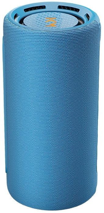 Blauer zylindrischer Lautsprecher mit strukturierter Oberfläche. Oberseite hat ein Mesh-Design.