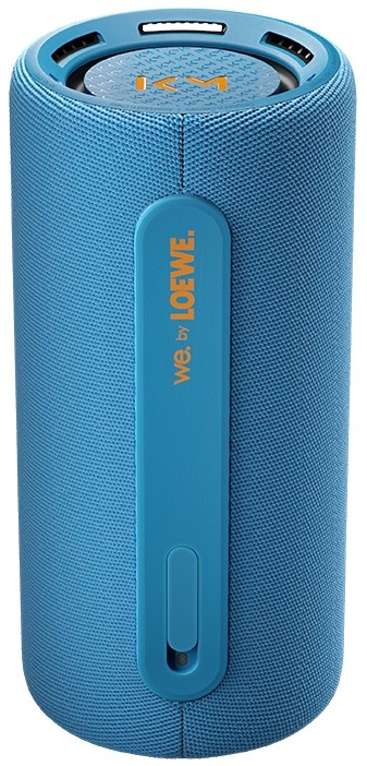 Blauer Loewe-Lautsprecher mit blauem Griff. Der Lautsprecher ist zylindrisch.