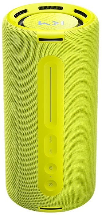 Cylindryczny żółty głośnik z przyciskami i linią pośrodku.