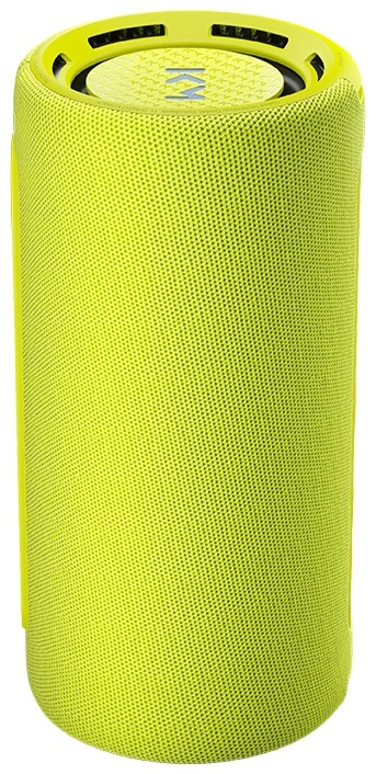 Jasnożółty głośnik cylindryczny. Siateczkowa tkanina pokrywa obudowę.