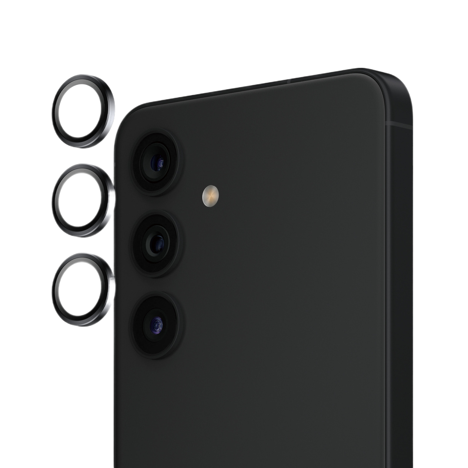 Close-up van de camera-opstelling van een zwarte smartphone met drie zilveren ringen.