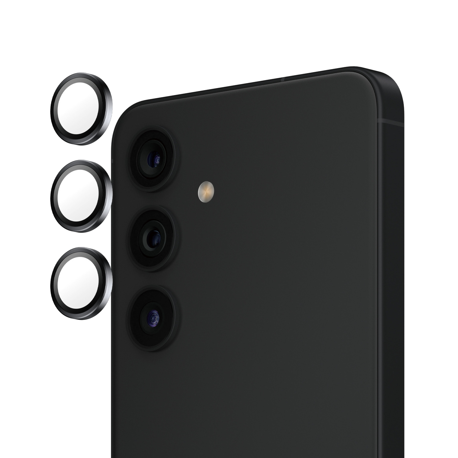 Een zwarte smartphone met drie cameralenzen en drie witte, ronde lensafdekkingen aan de zijkant.