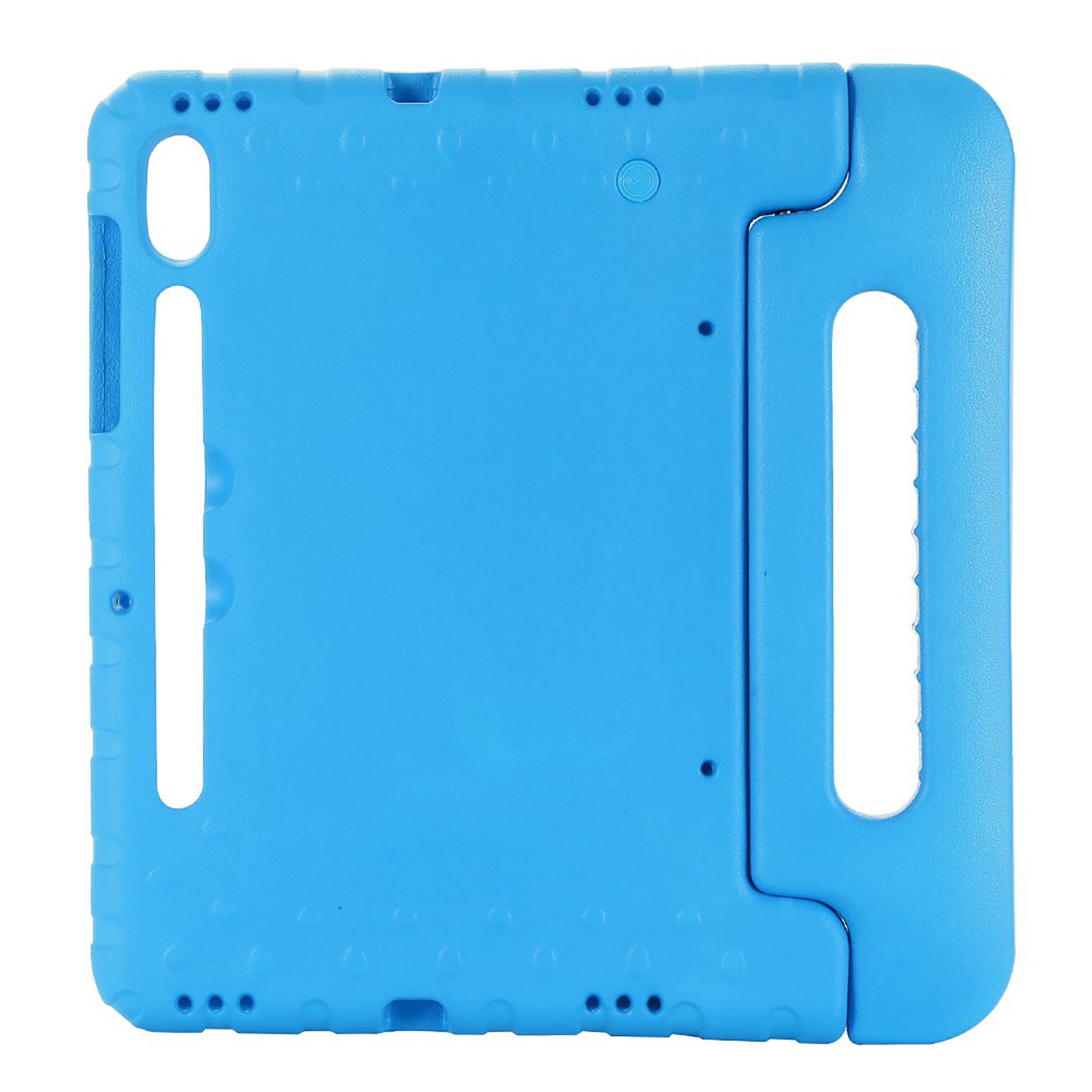 Blue tablet case with a handle, cutouts for buttons and a camera, isolated.
