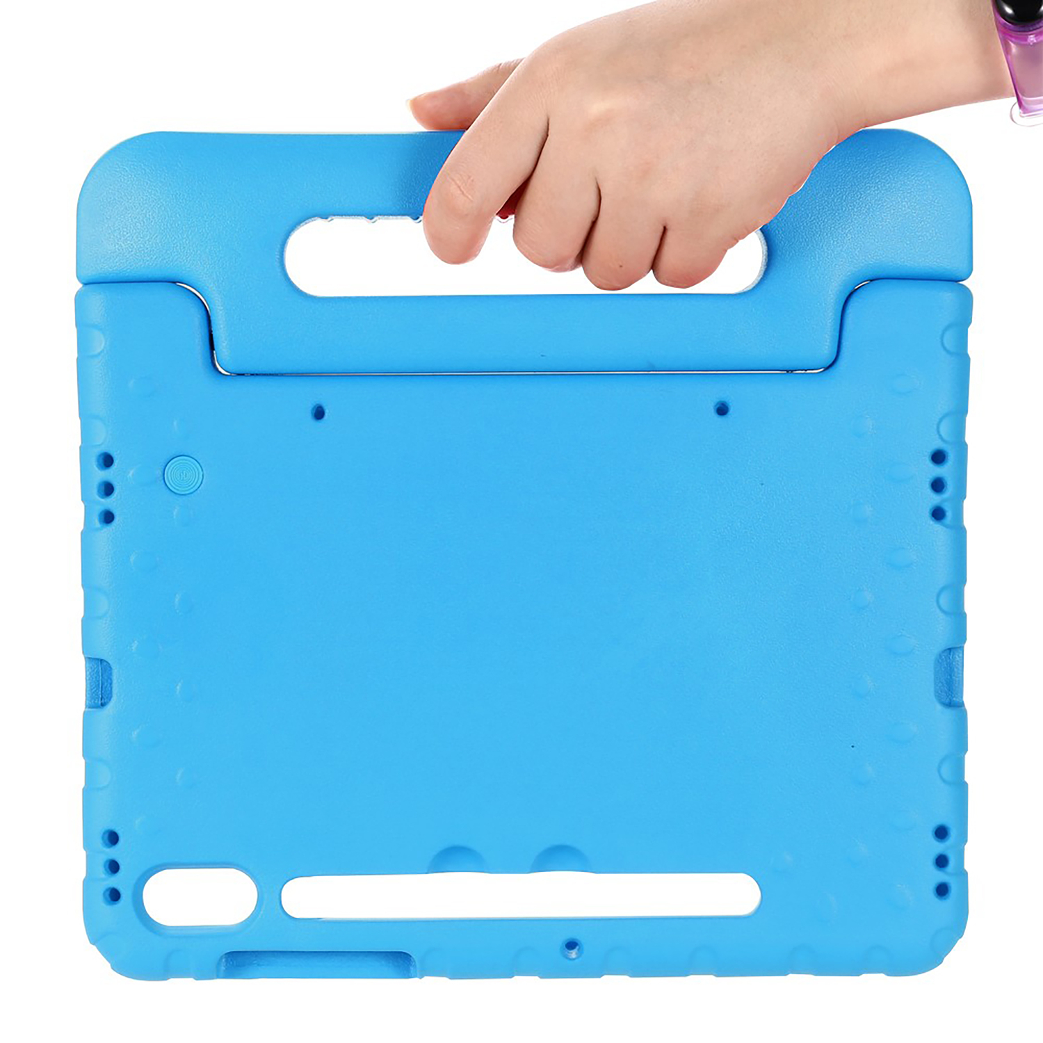 A blue tablet case held by a hand, showing the back.
