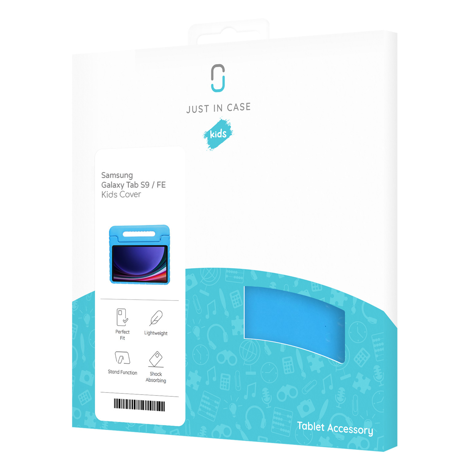 White box with blue kids tablet cover. Cover has blue frame, white text, and icons.