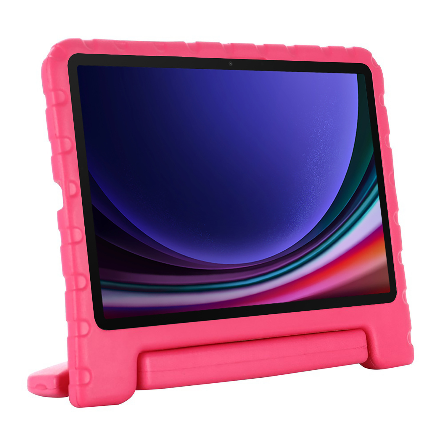 Pink tablet in a pink protective case, with a colorful screen.