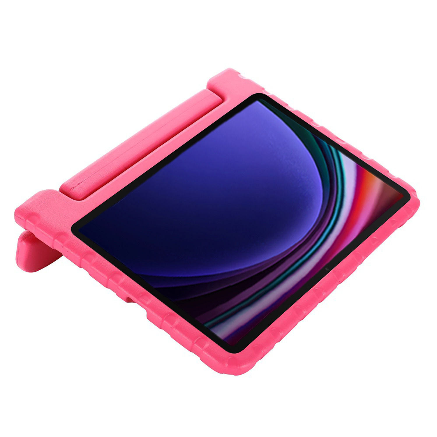 Pink tablet in a pink kids cover. Cover provides a handle and protection around the screen.