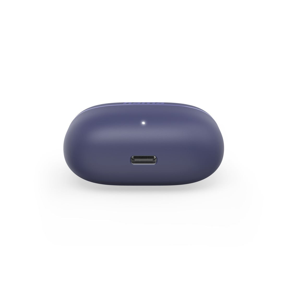 Lila Ohrhörer-Ladeetui, USB-C-Anschluss, weißer Hintergrund, Draufsicht.