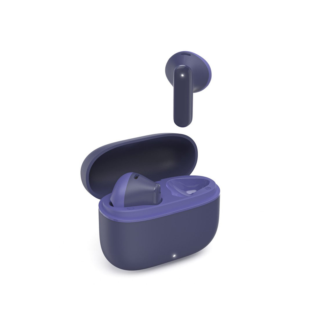 Ein Paar blaue und violette kabellose Ohrhörer mit ihrem Ladecase auf weißem Hintergrund.