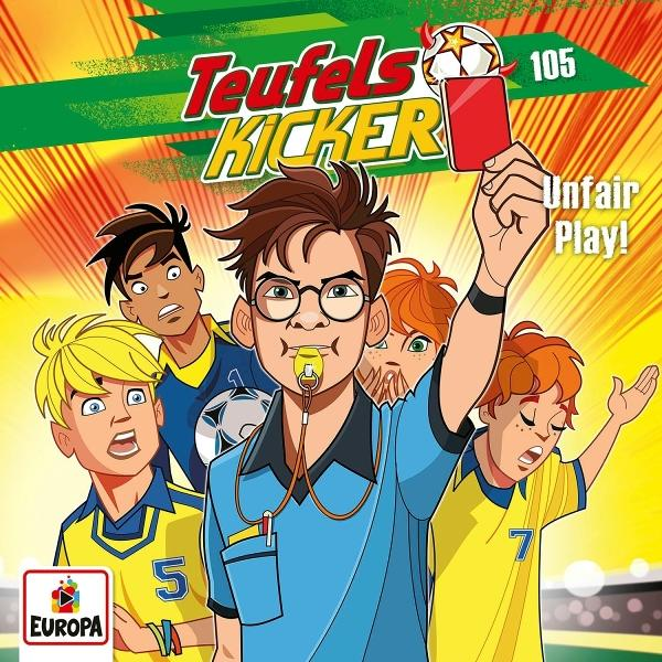 Comic-Cover mit einem Comic-Schiedsrichter, der eine rote Karte hält, Kinderfußballteam im Hintergrund.