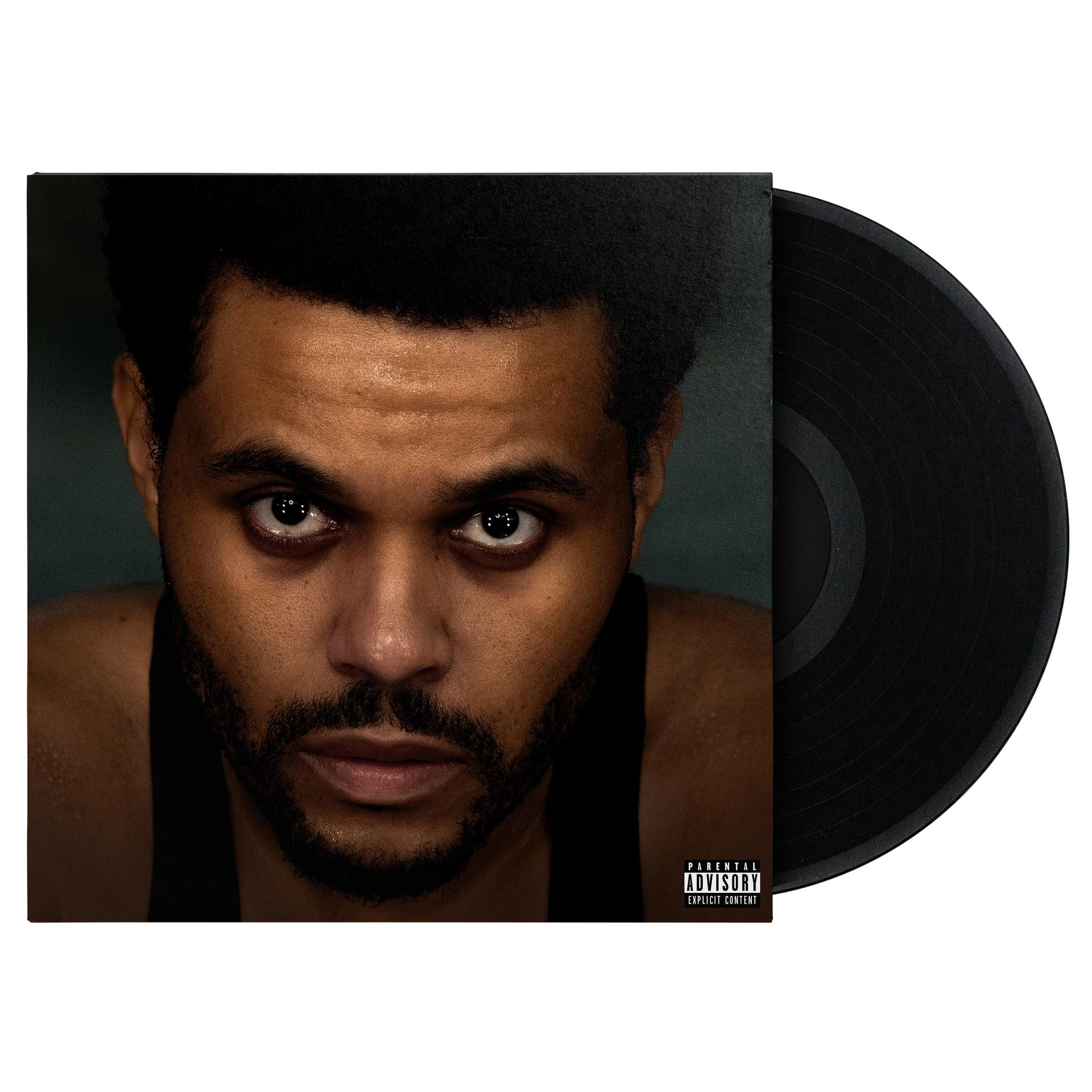 Albumcover. The Weeknds Gesicht starrt intensiv. Rechts ist eine schwarze Schallplatte.