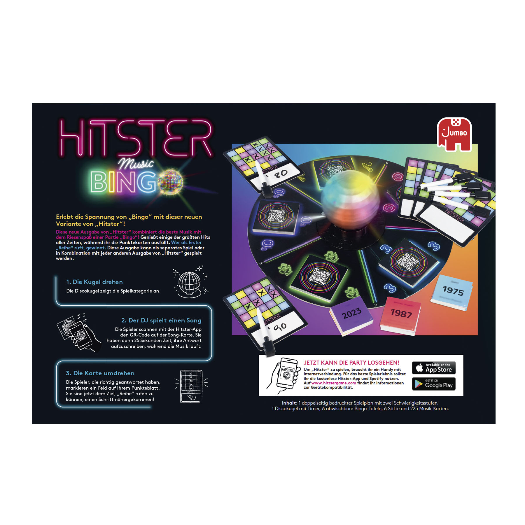Das Hitcher Music Bingo-Spiel mit Spielbrett, Karten und Anweisungen, mit weißem Hintergrund.