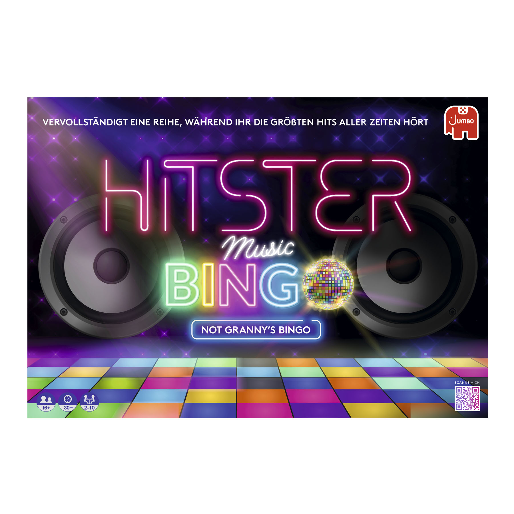 Die Hitster Music Bingo Spielbox mit Discokugel und Lautsprechern, mehrfarbigem Boden und QR-Code.